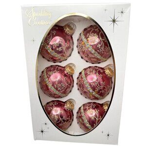 Krebs Glass Victorian Christmas Ornament Set Of 6 Pink Gold Glitter Vtg